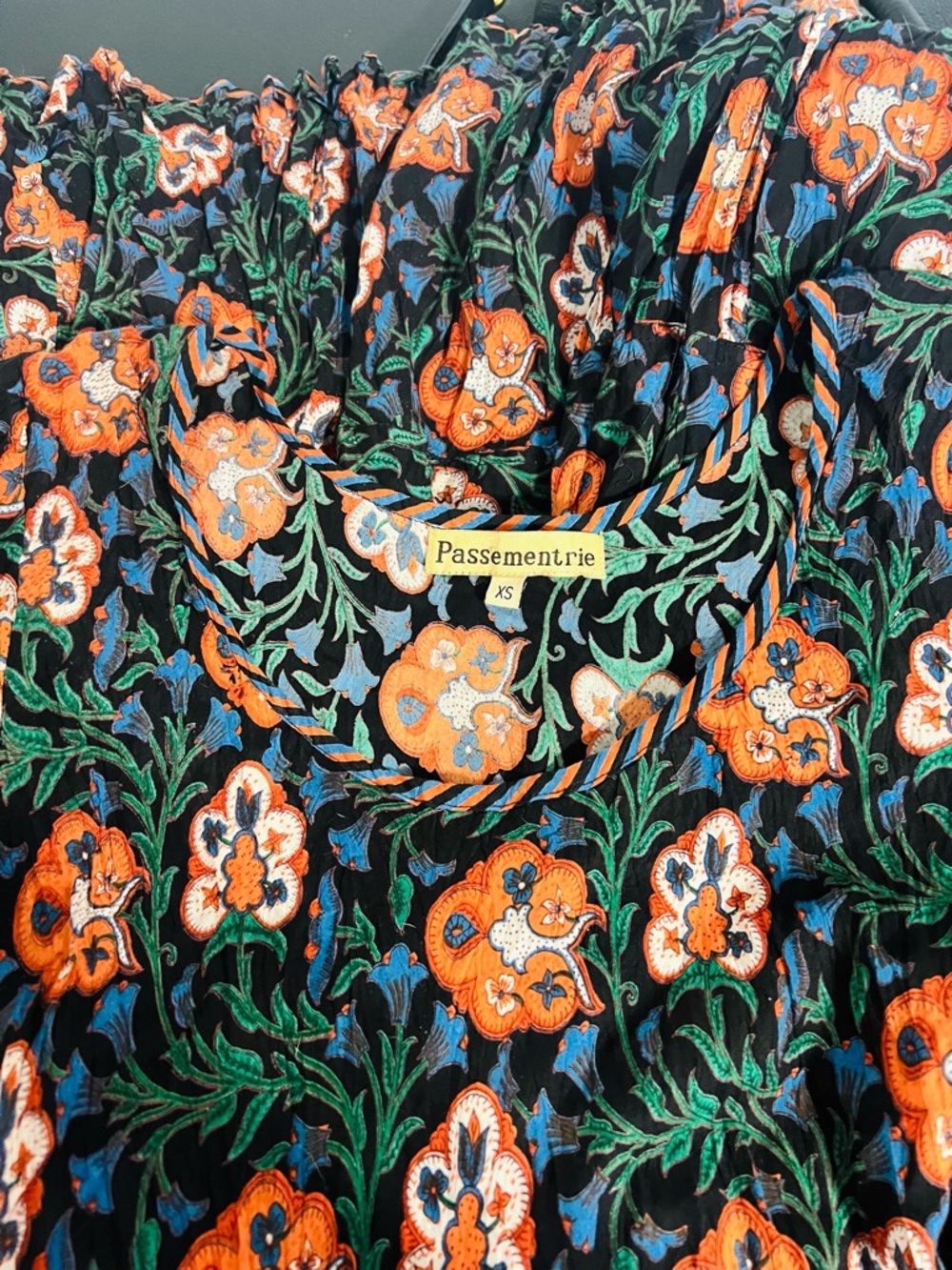 Passementrie Floral Tiered Midi Dress Boho Peasant Black Orange XS - Picture 4 of 12
